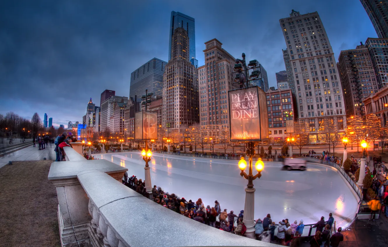 Photo wallpaper winter, the city, the evening, Chicago, rink, USA, Chicago, Illinois