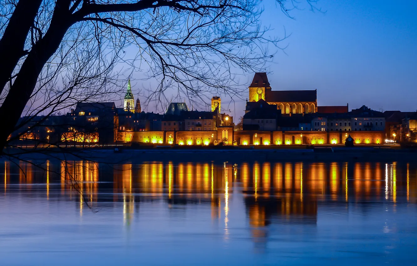 Photo wallpaper the sky, trees, lights, reflection, river, branch, mirror, Poland