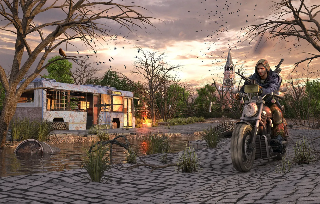 Photo wallpaper the city, Apocalypse, motorcycle, Moscow, bus, Stalker, Survarium