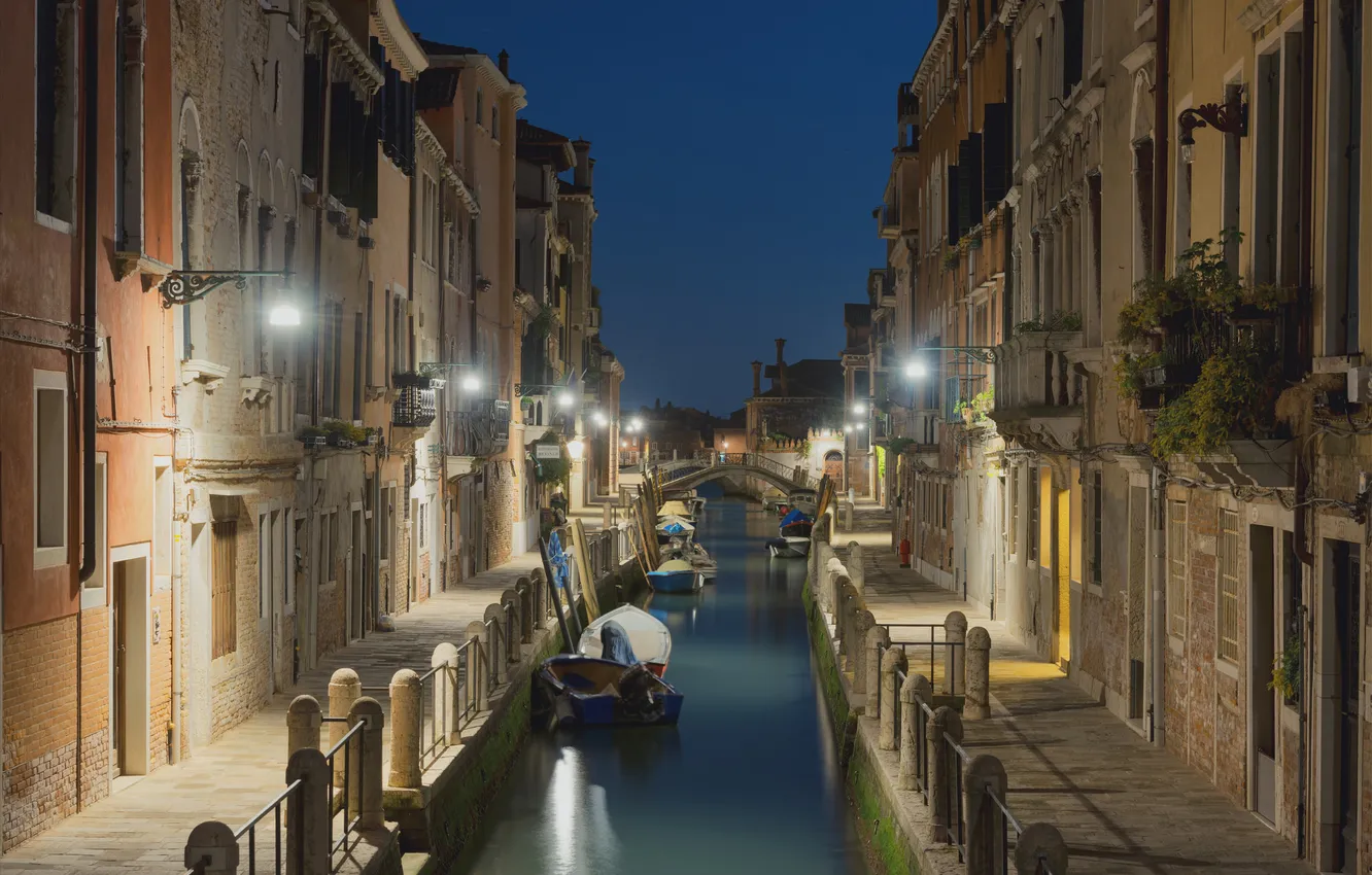 Photo wallpaper night, bridge, lights, home, Italy, Venice, channel