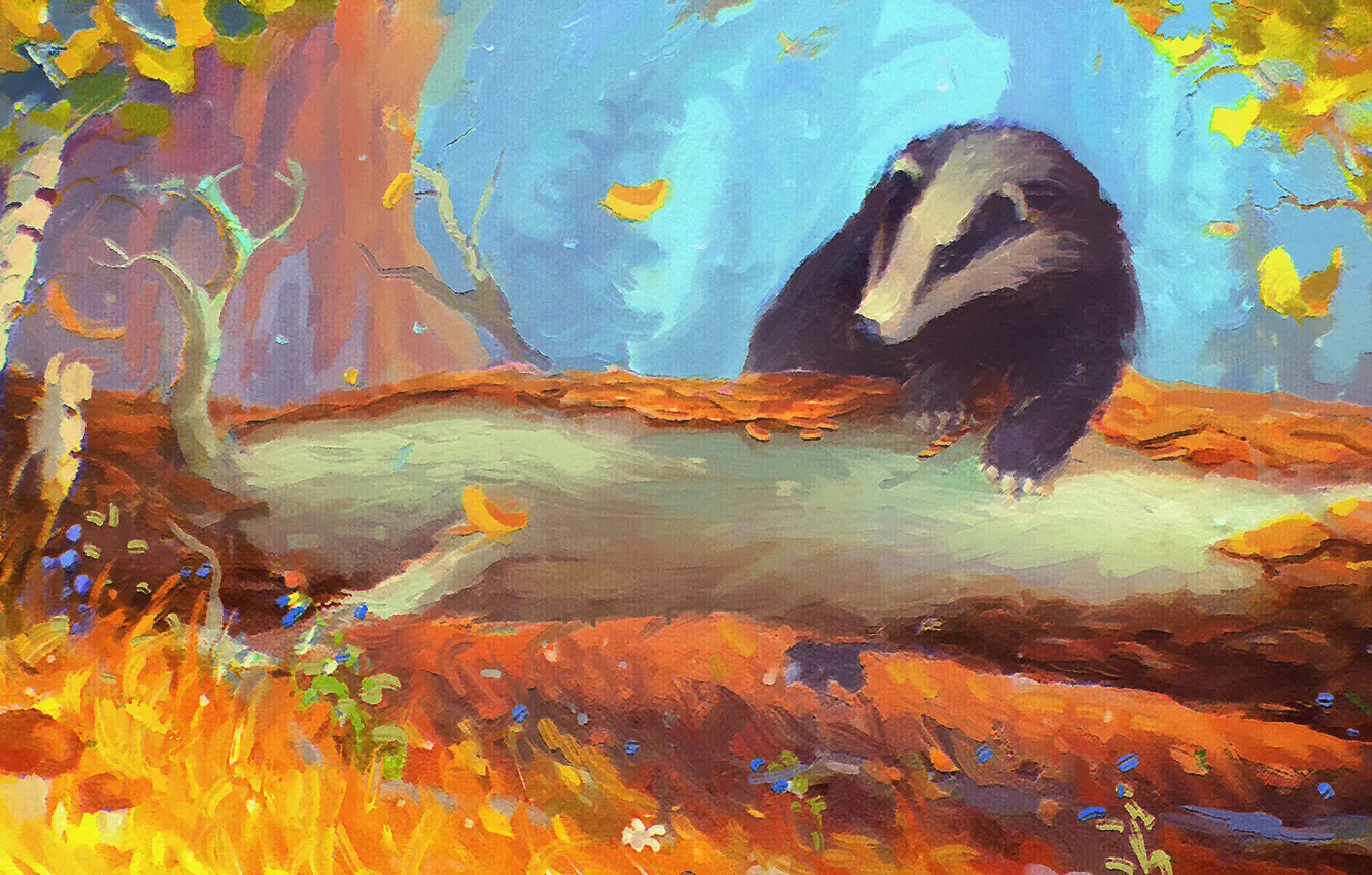 Photo wallpaper forest, trees, animal, mushrooms, art, birch, badger