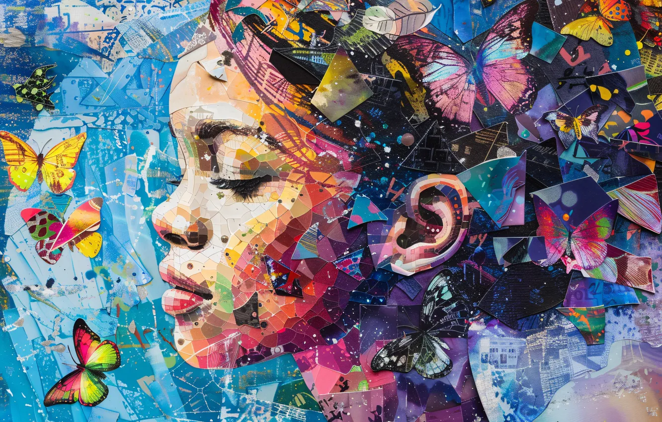 Photo wallpaper collage, butterfly, girl, digital art, AI art, The Art of Artificial Intelligence, neural network