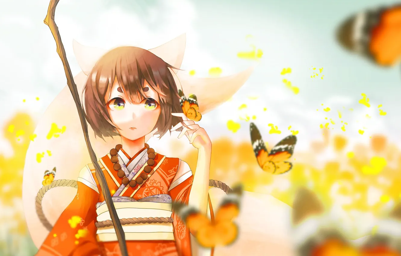 Photo wallpaper butterfly, girl, stick