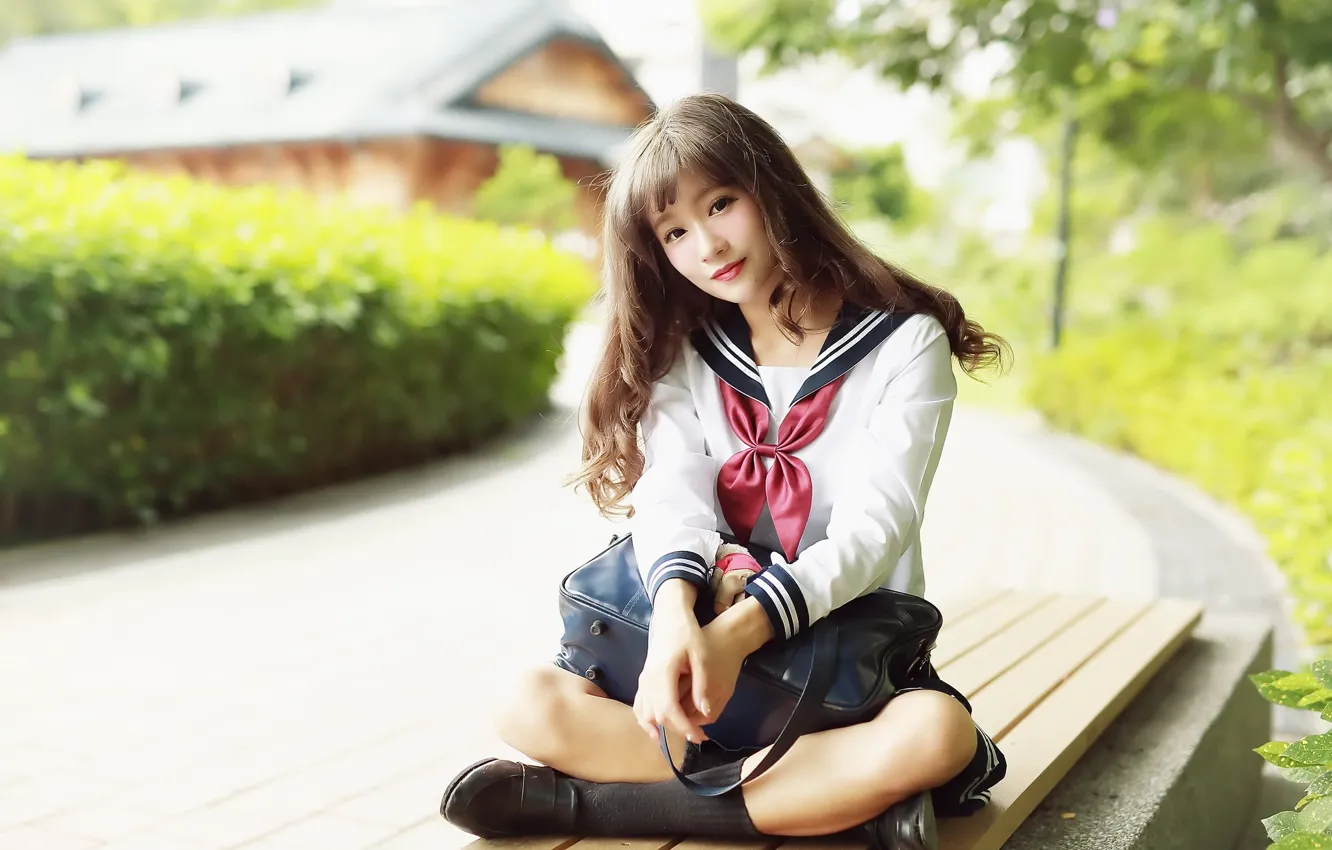 Photo wallpaper girl, Asian, bench