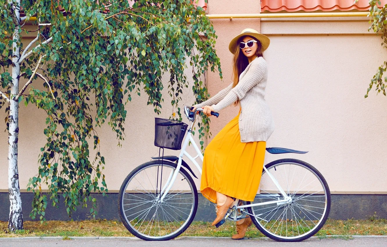 Photo wallpaper girl, trees, yellow, bike, hat, dress, glasses, hairstyle