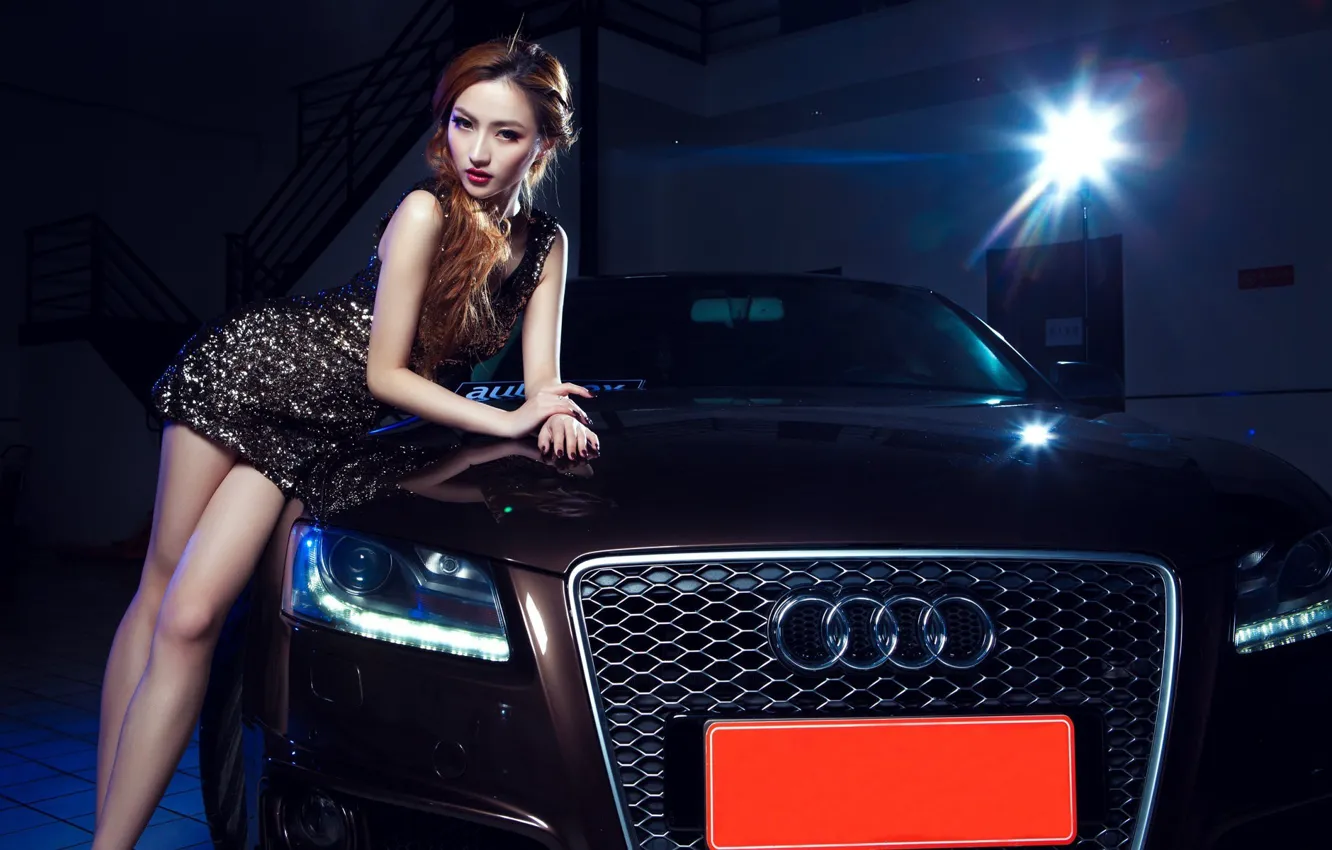 Photo wallpaper auto, look, girl, Audi, Asian, beautiful girl, leaning on the car