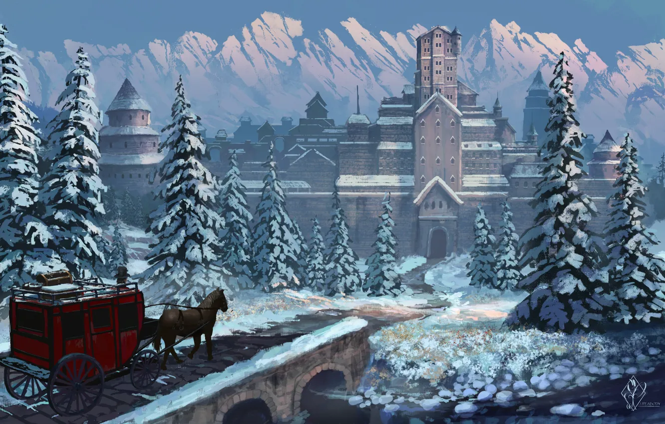 Photo wallpaper winter, horse, home, wagon, mansion