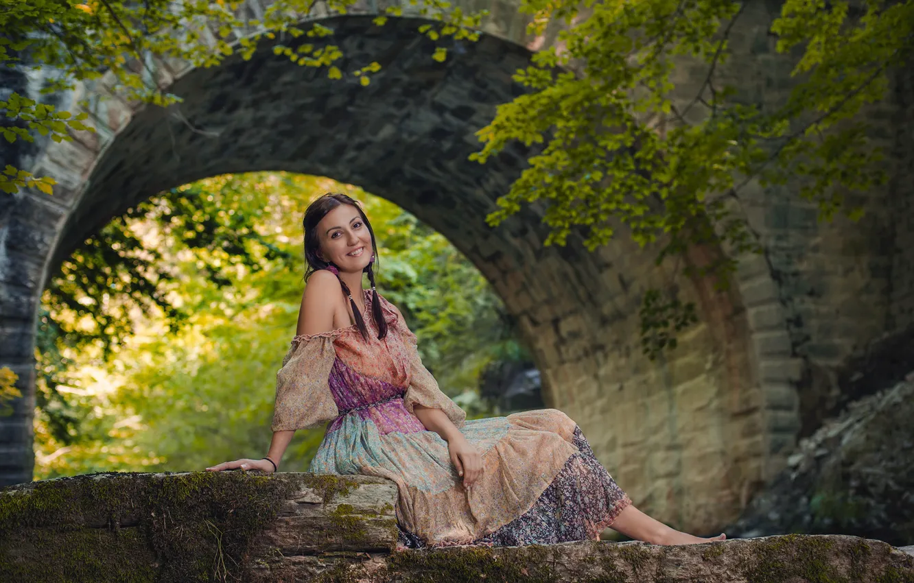 Photo wallpaper girl, nature, smile, dress, brunette, braids, shoulders, Ivan Georgiev