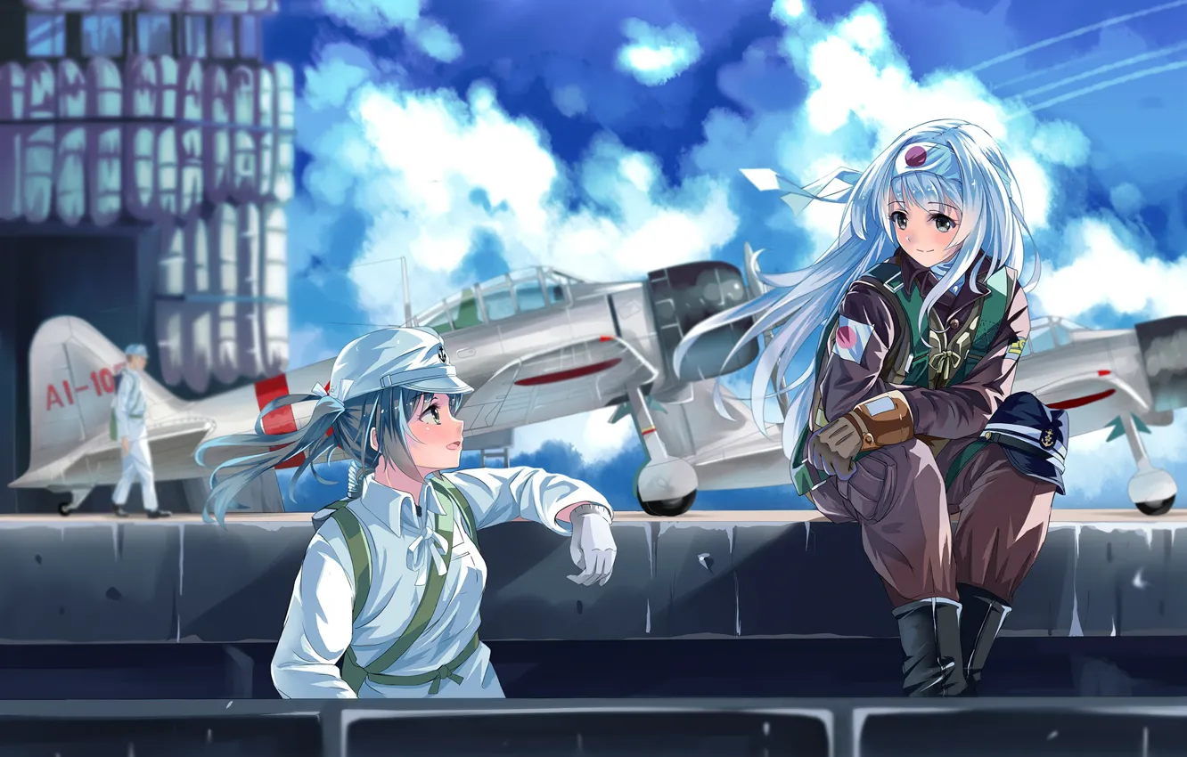 Photo wallpaper the sky, girls, the plane, Kantai Collection, Naval collection