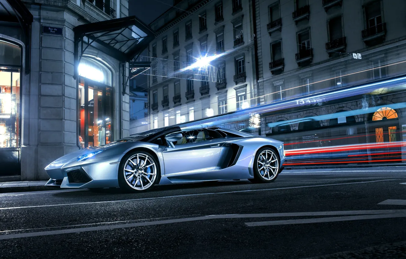 Photo wallpaper Roadster, Lamborghini, City, Front, LP700-4, Aventador, Supercars, Road