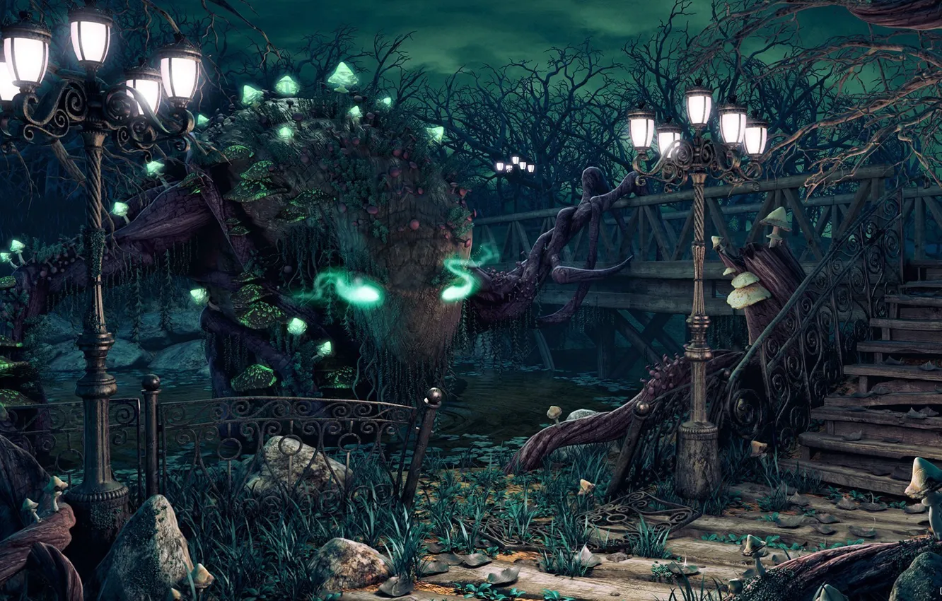 Photo wallpaper forest, trees, green, mushrooms, spirit, lights, ladder, abandoned