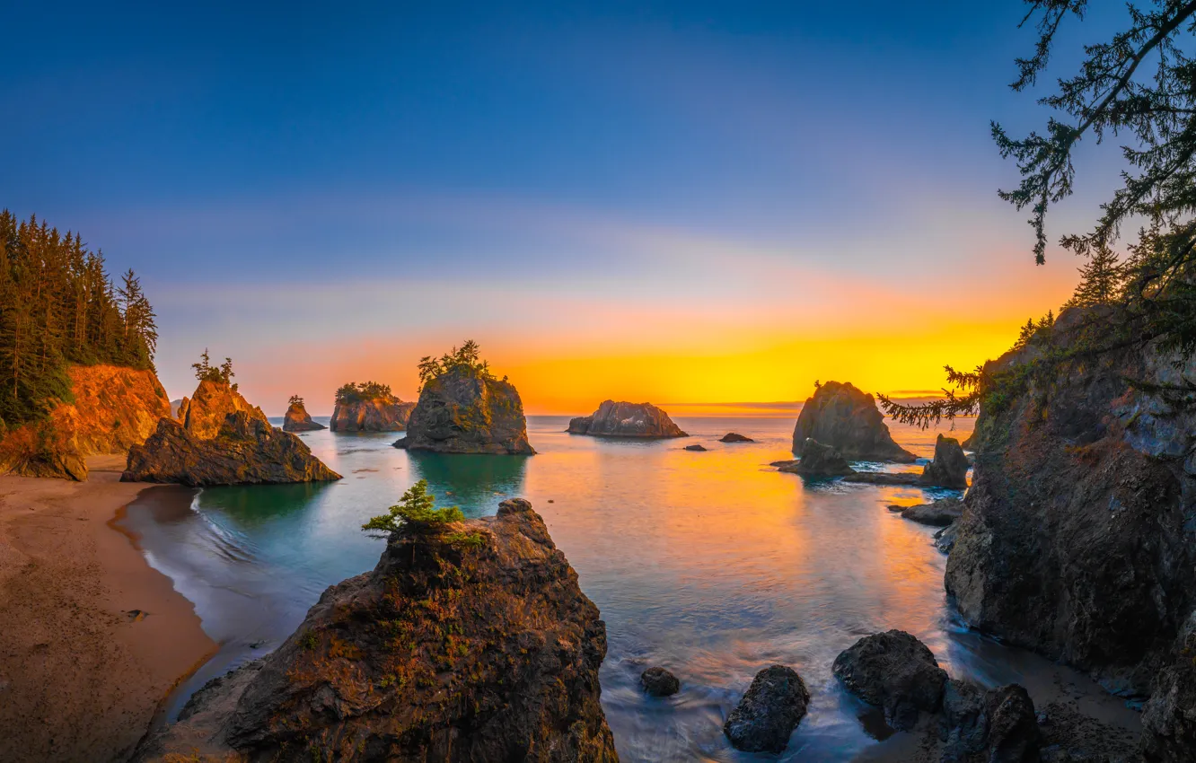 Photo wallpaper sea, sunset, rocks, shore, the evening