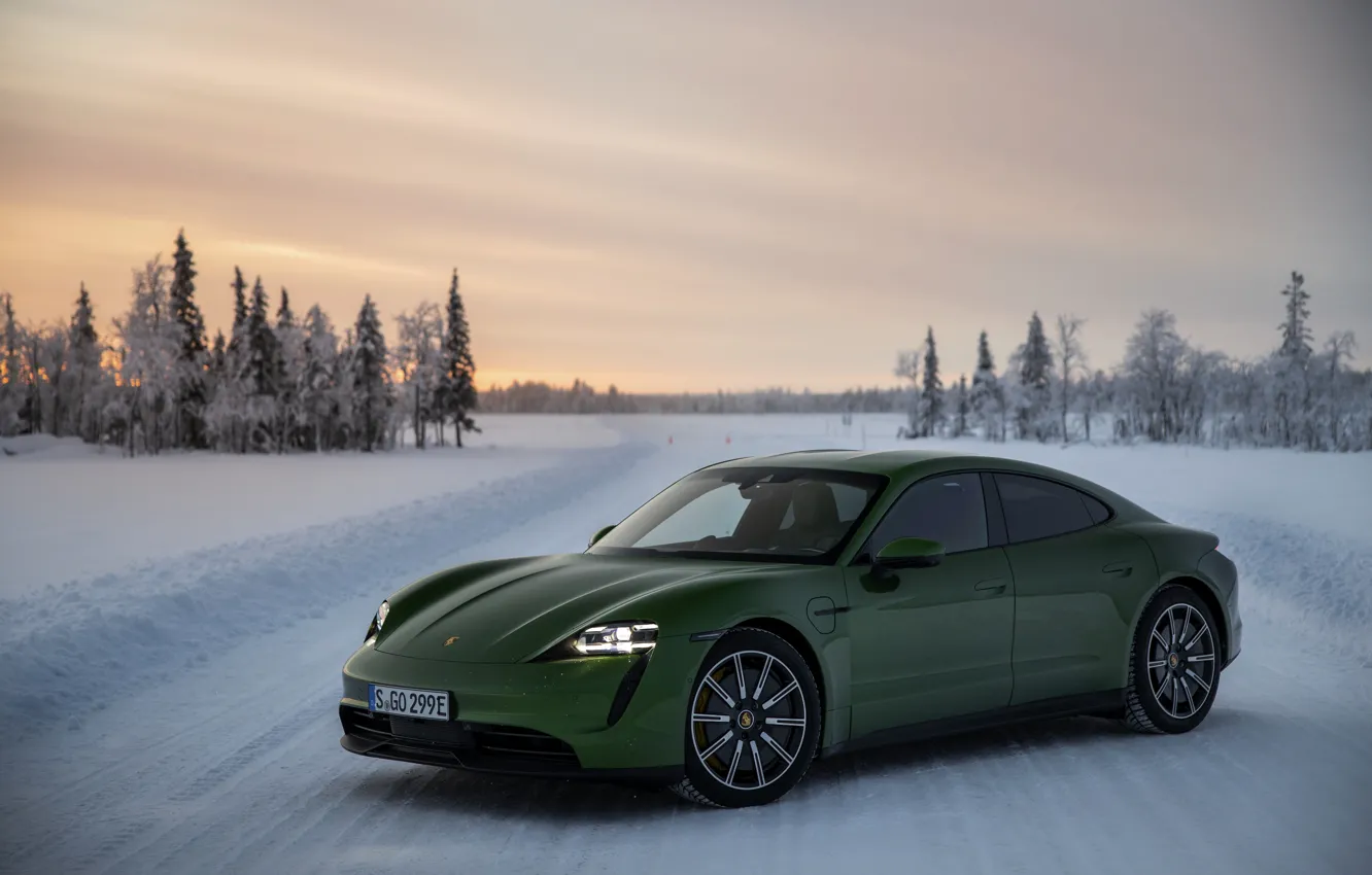 Photo wallpaper snow, Porsche, green, on the road, 2020, Taycan, Taycan 4S