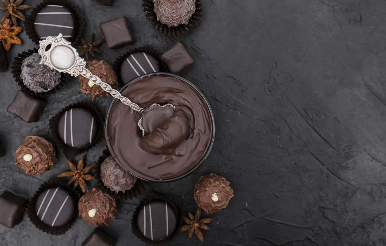 Photo wallpaper chocolate, candy, spoon, cream, dessert, sweet, chocolate, ramekin