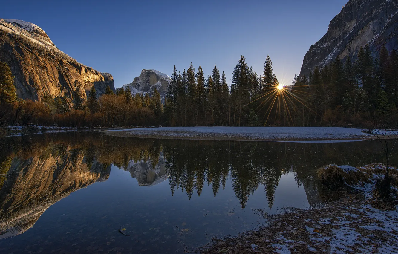 Photo wallpaper the sky, the sun, rays, trees, sunset, mountains, lake, rocks