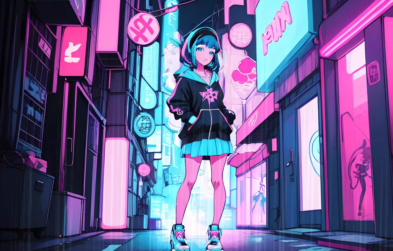 Photo wallpaper city, girl, street, ai art, neon