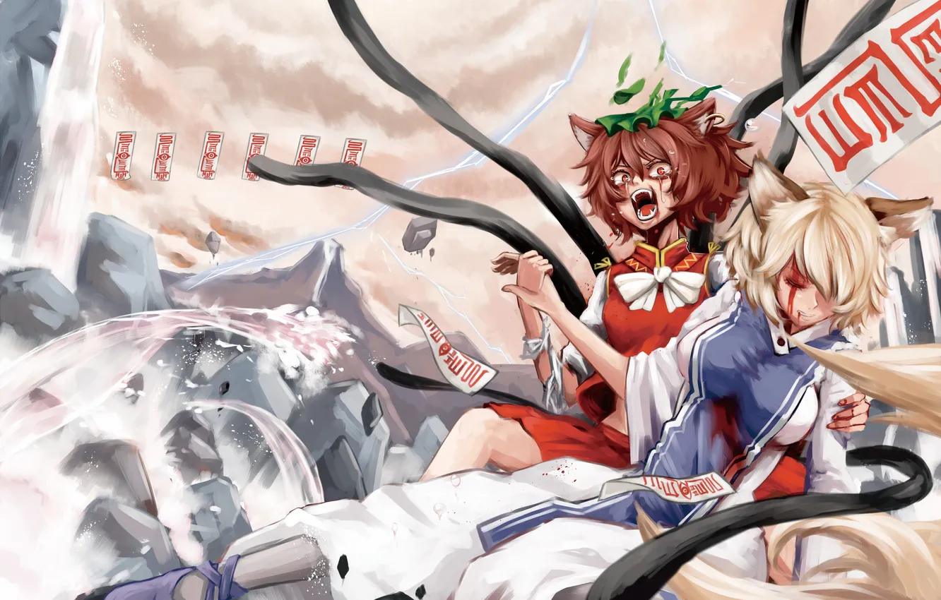 Photo wallpaper girl, magic, lightning, blood, tears, art, tail, fangs