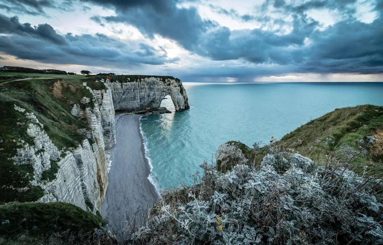 Photo wallpaper sea, the sky, clouds, landscape, stones, rocks, shore