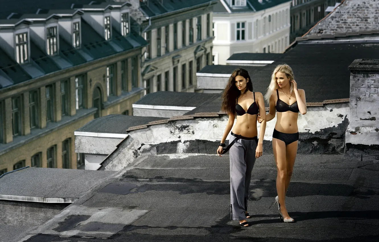 Photo wallpaper the city, Girls, roof