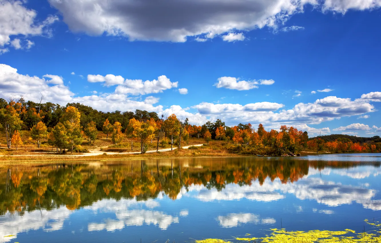 Photo wallpaper autumn, the sky, clouds, trees, reflection, river