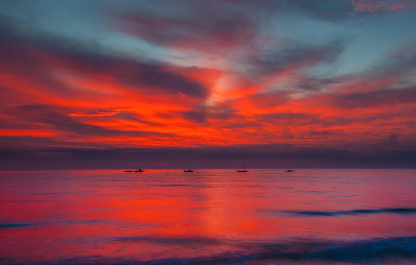 Photo wallpaper sea, the sky, clouds, reflection, boat, the evening, glow
