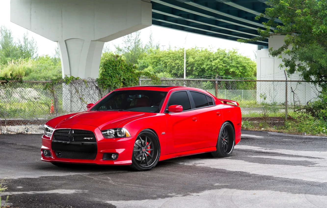 Photo wallpaper Auto, Bridge, The fence, Trees, Tuning, Mesh, Machine, Dodge