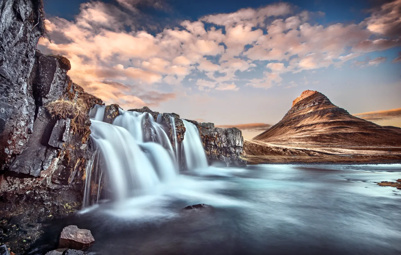 Photo wallpaper mountains, rocks, waterfall