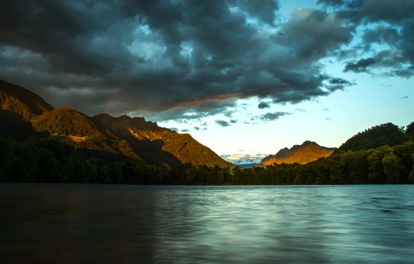 Photo wallpaper light, mountains, clouds, pond