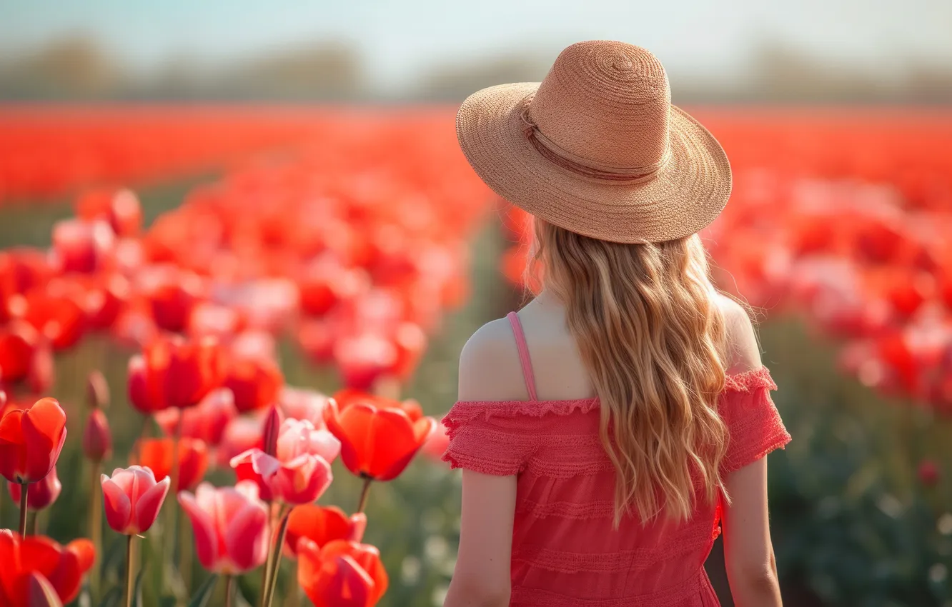 Photo wallpaper field, girl, light, flowers, red, back, spring, hat