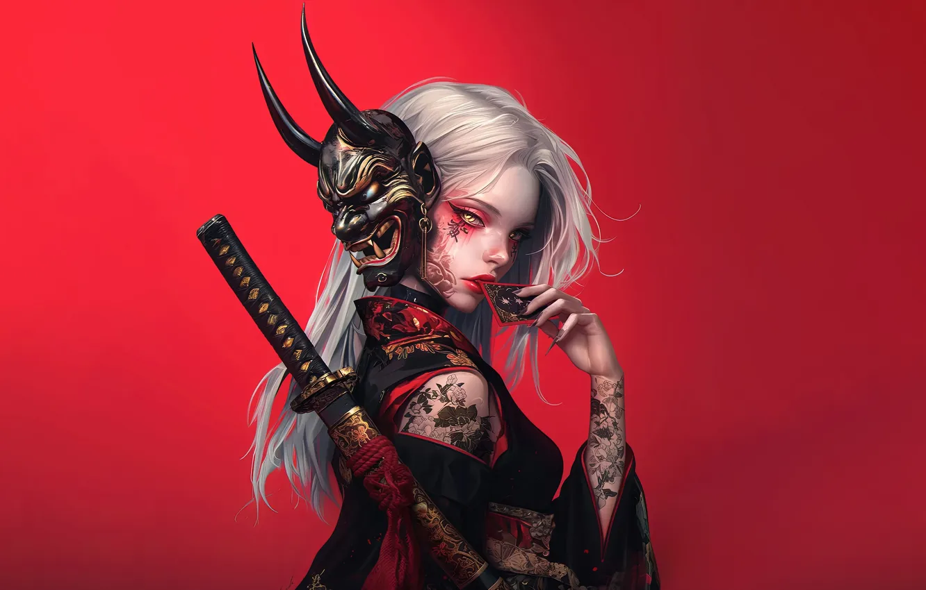 Photo wallpaper AI Art, AI Generated, Anime, Kimono, Girl, Tattoo, Red Background, Mask