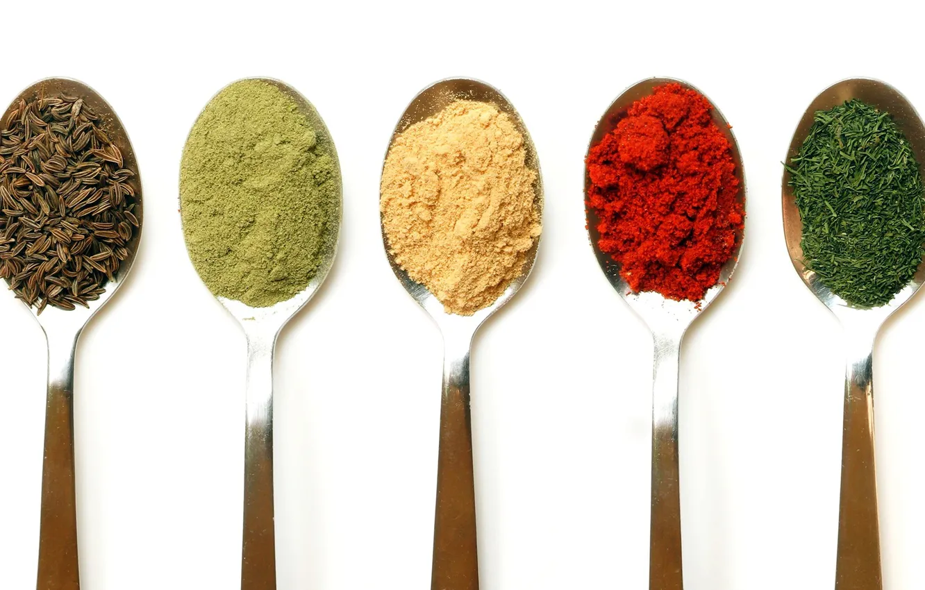 Photo wallpaper spoon, white background, spices