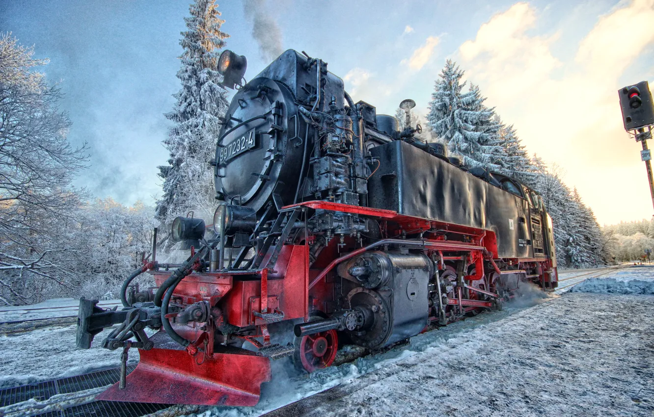 Photo wallpaper winter, snow, landscape, the engine, semaphore