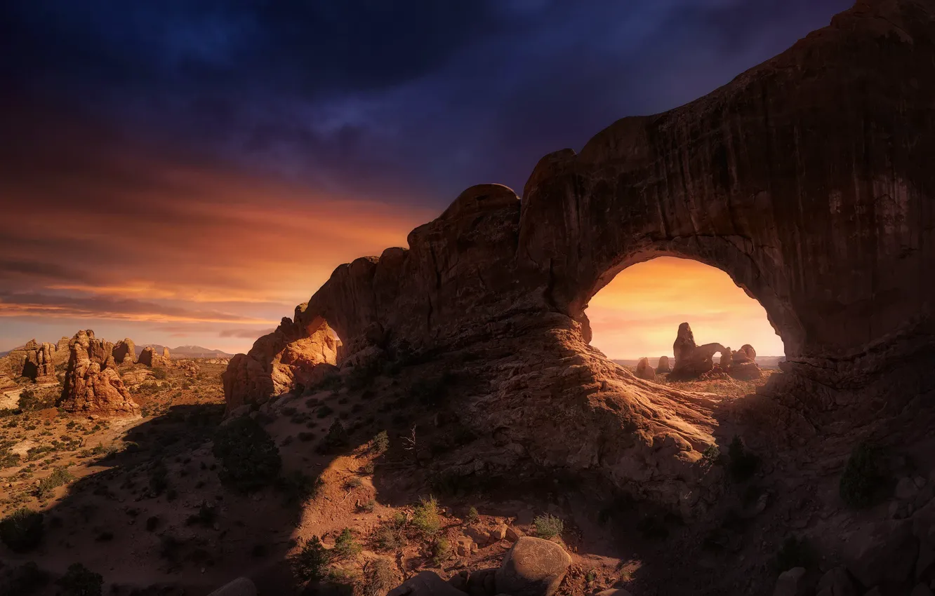 Photo wallpaper light, nature, rocks, shadow, the evening, arch, USA