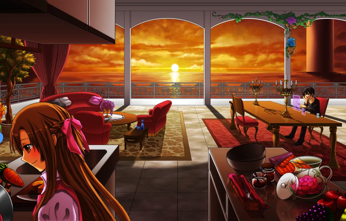 Photo wallpaper sea, girl, sunset, room, tables, kitchen, guy, fruit