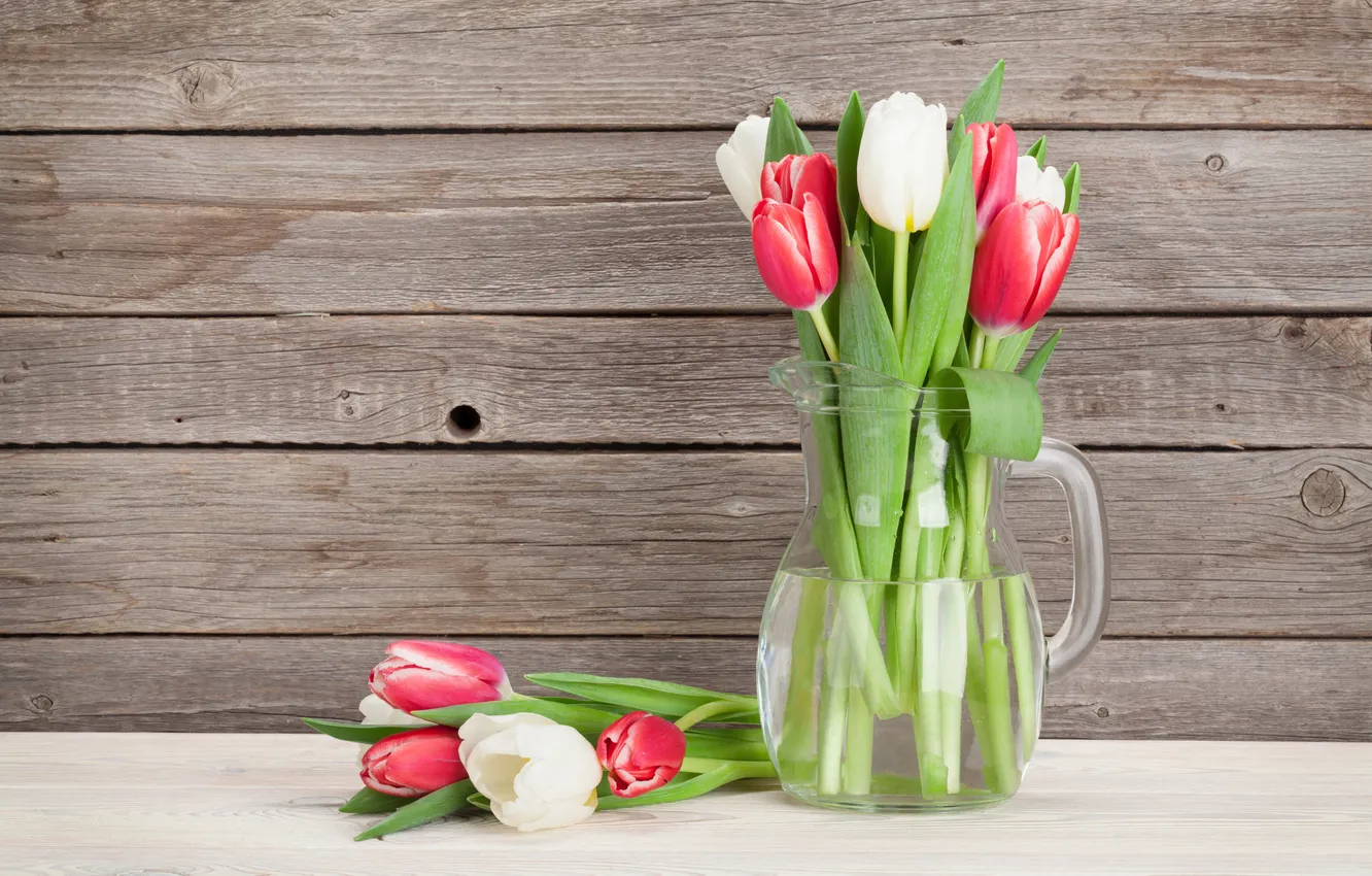 Photo wallpaper flowers, bouquet, tulips, red, white, wood, flowers, tulips