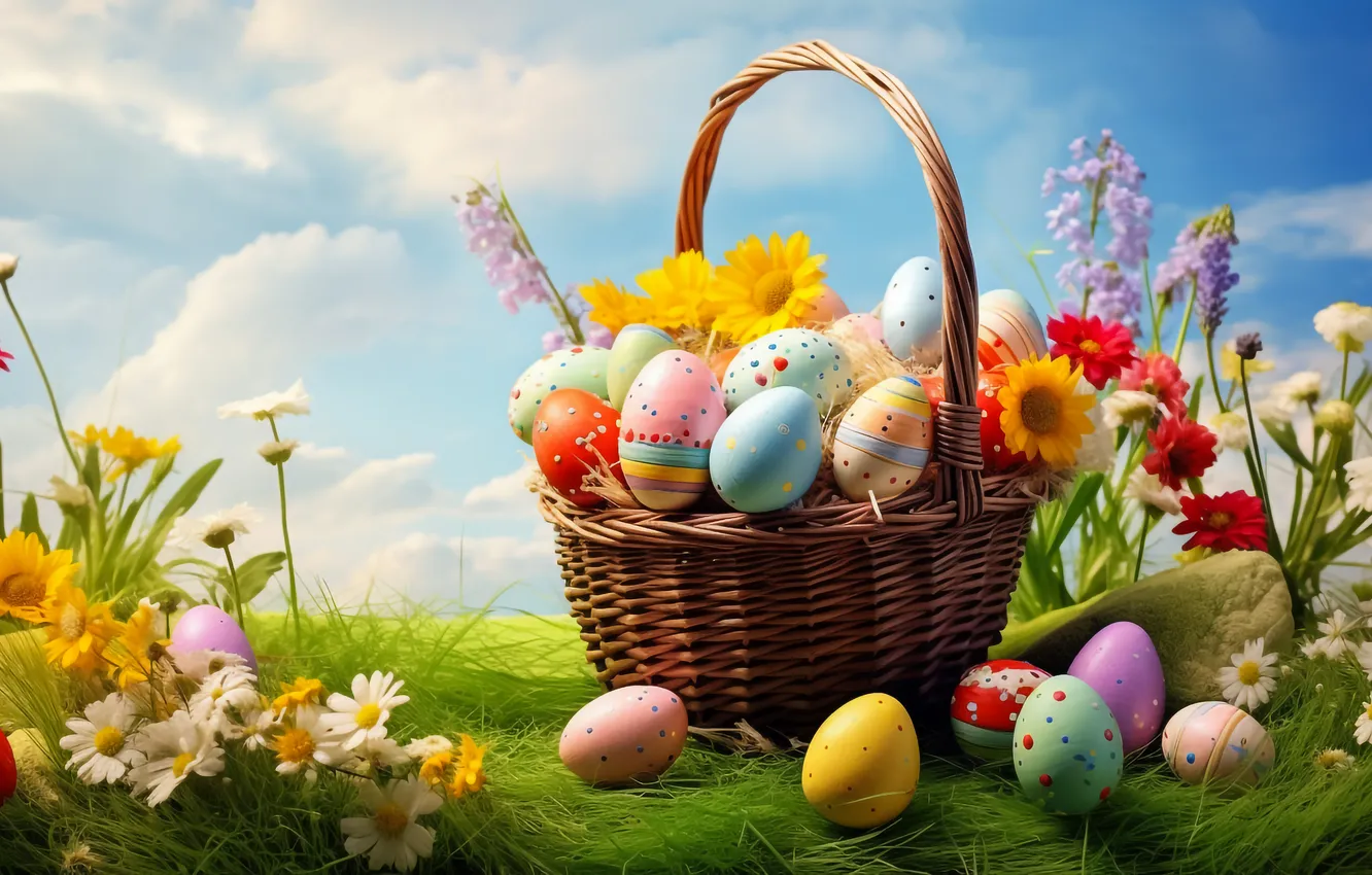Photo wallpaper flowers, basket, glade, eggs, spring, colorful, Easter, flowers