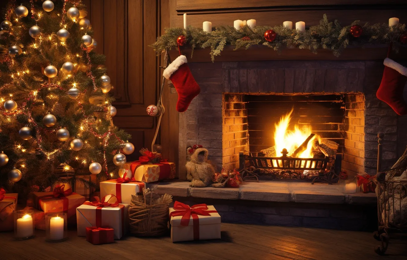 Photo wallpaper decoration, room, gift, balls, tree, new year, interior, Christmas