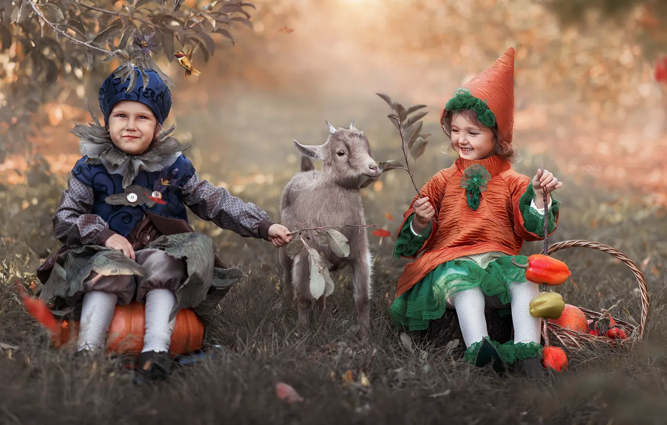 Photo wallpaper leaves, branches, nature, children, animal, basket, vegetables, costumes