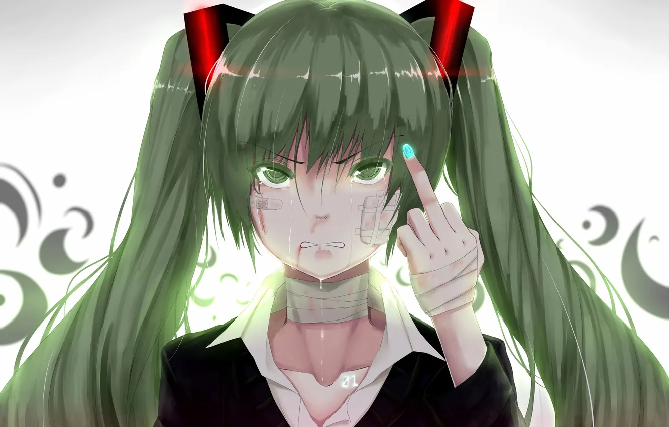 Photo wallpaper girl, tears, art, fingers, vocaloid, hatsune miku, gesture, Vocaloid