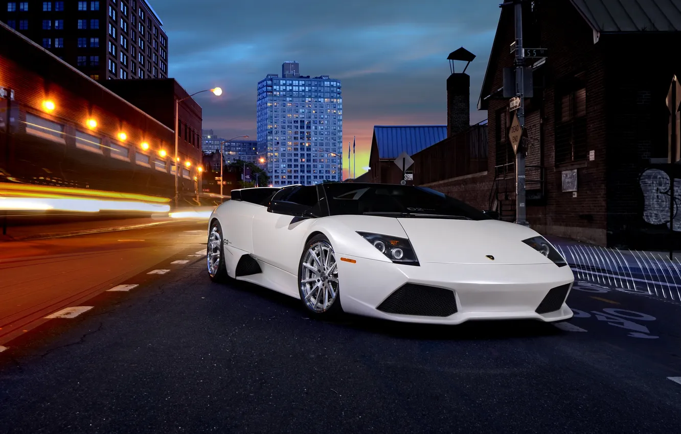 Photo wallpaper night, street, Lamborghini Murcielago, Lamborghini, rechange, Supercar, LP640 Roadster