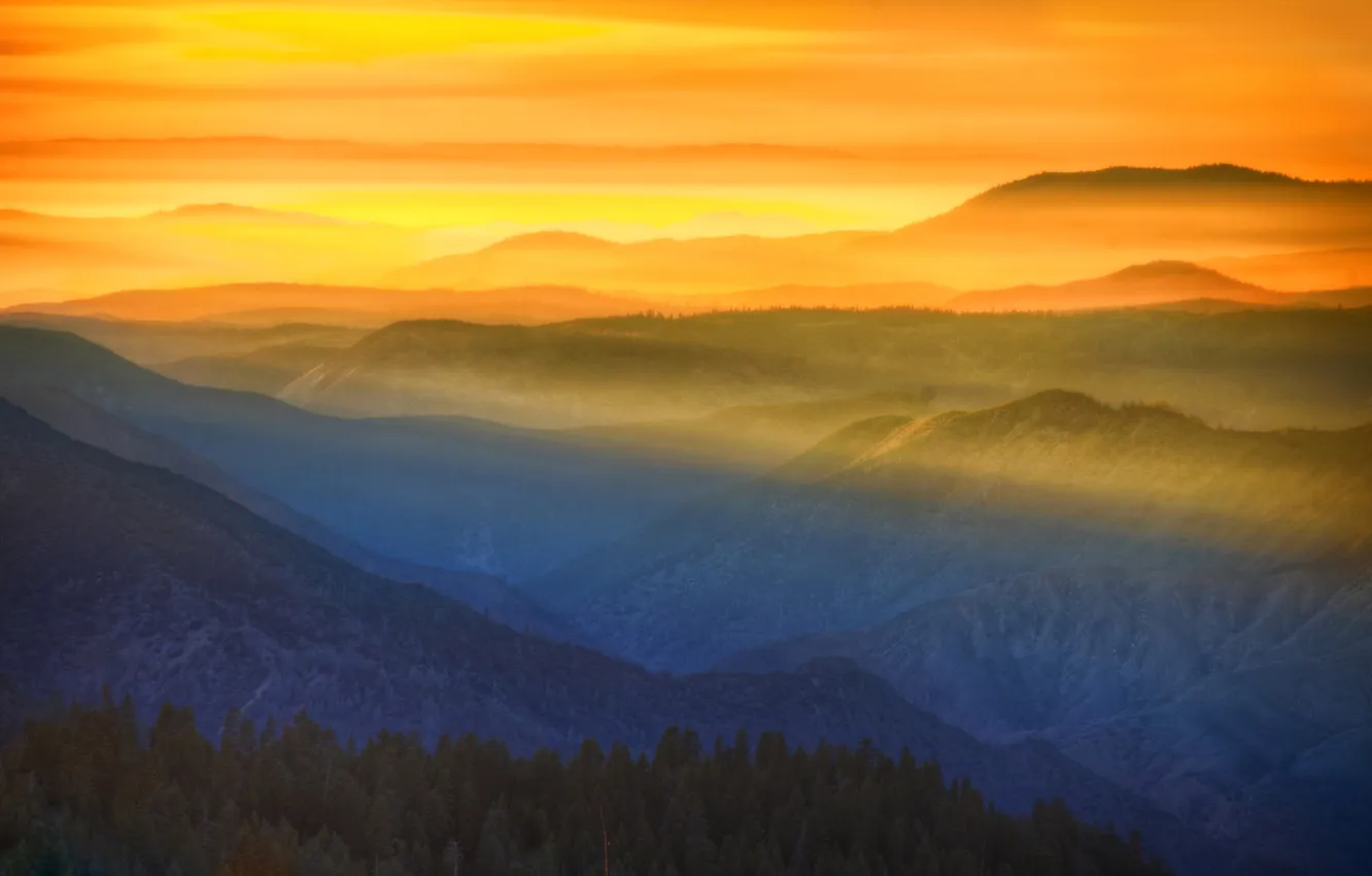 Photo wallpaper the sky, trees, sunset, mountains, HDR