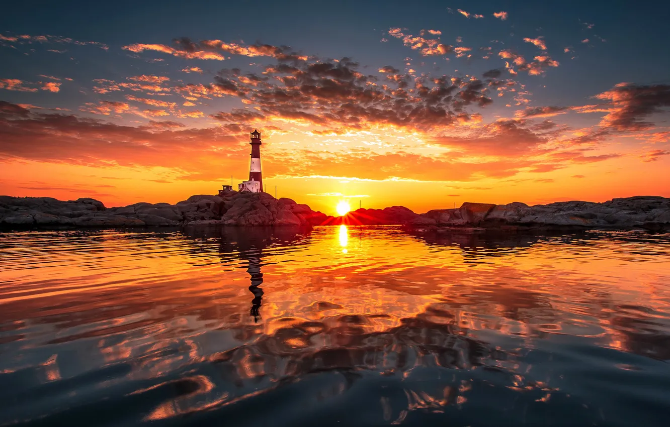 Photo wallpaper sunset, photo, Water, Nature, Clouds, Sea, Lighthouse, Dawn