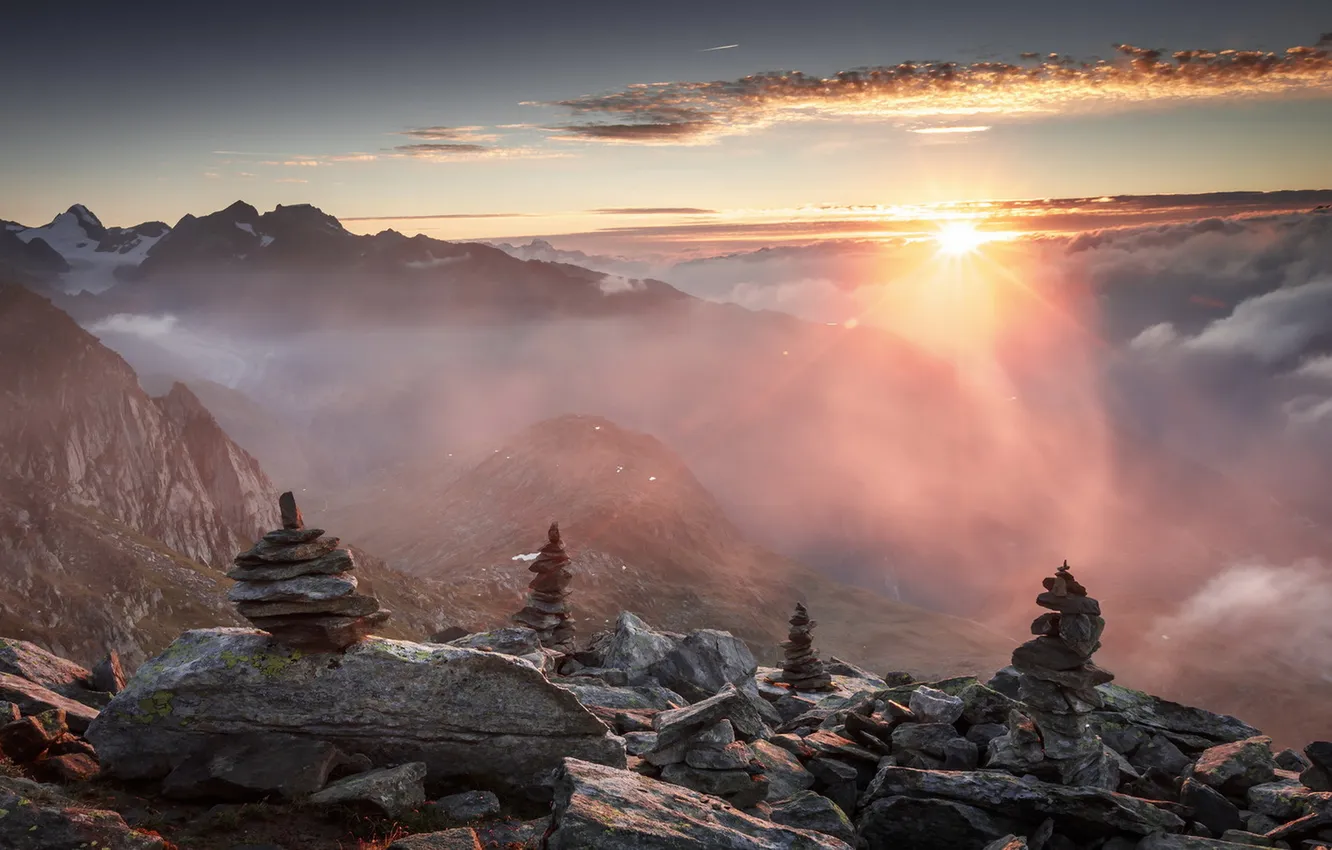 Photo wallpaper mountains, stones, morning