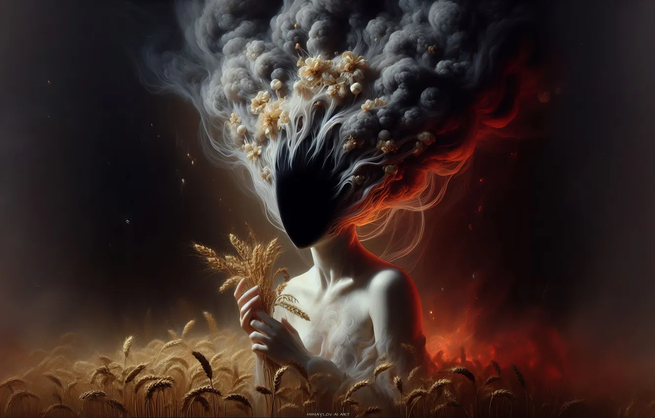 Photo wallpaper wheat, field, girl, lights, smoke, the demon, spikelets, hairstyle