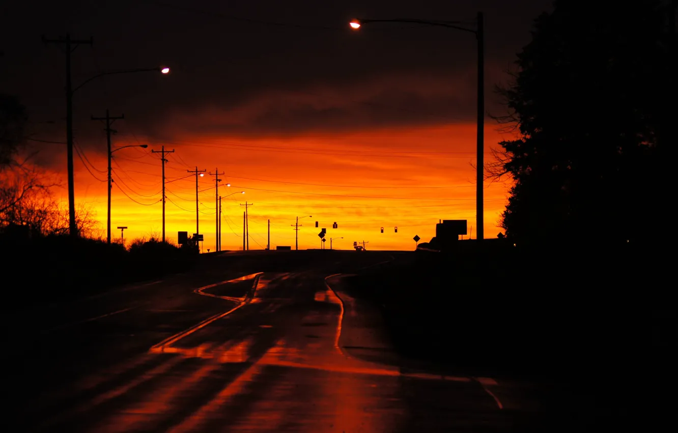 Photo wallpaper road, sunset, glow, twilight