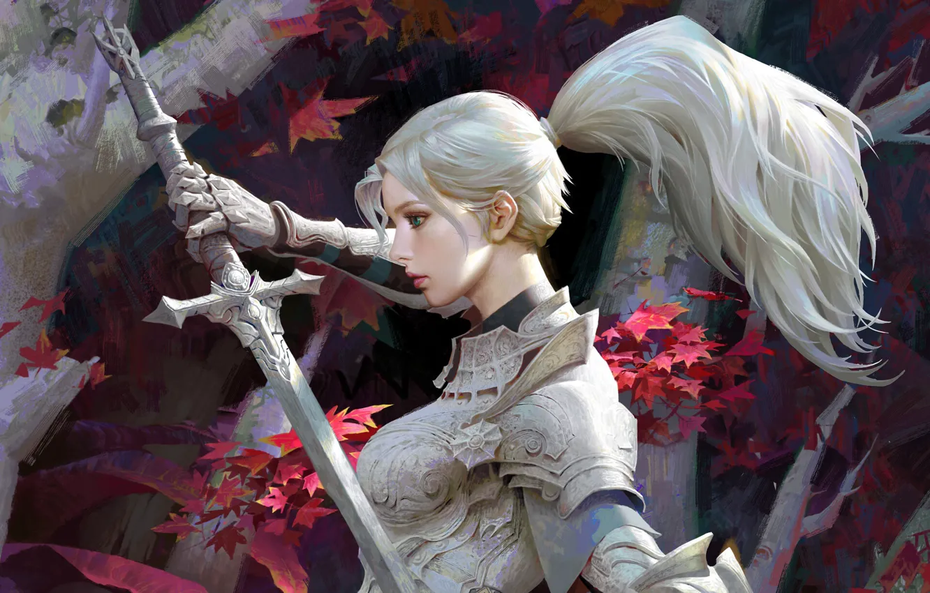 Photo wallpaper leaves, girl, trees, weapons, sword, armor, fantasy, art, blonde, tail, profile