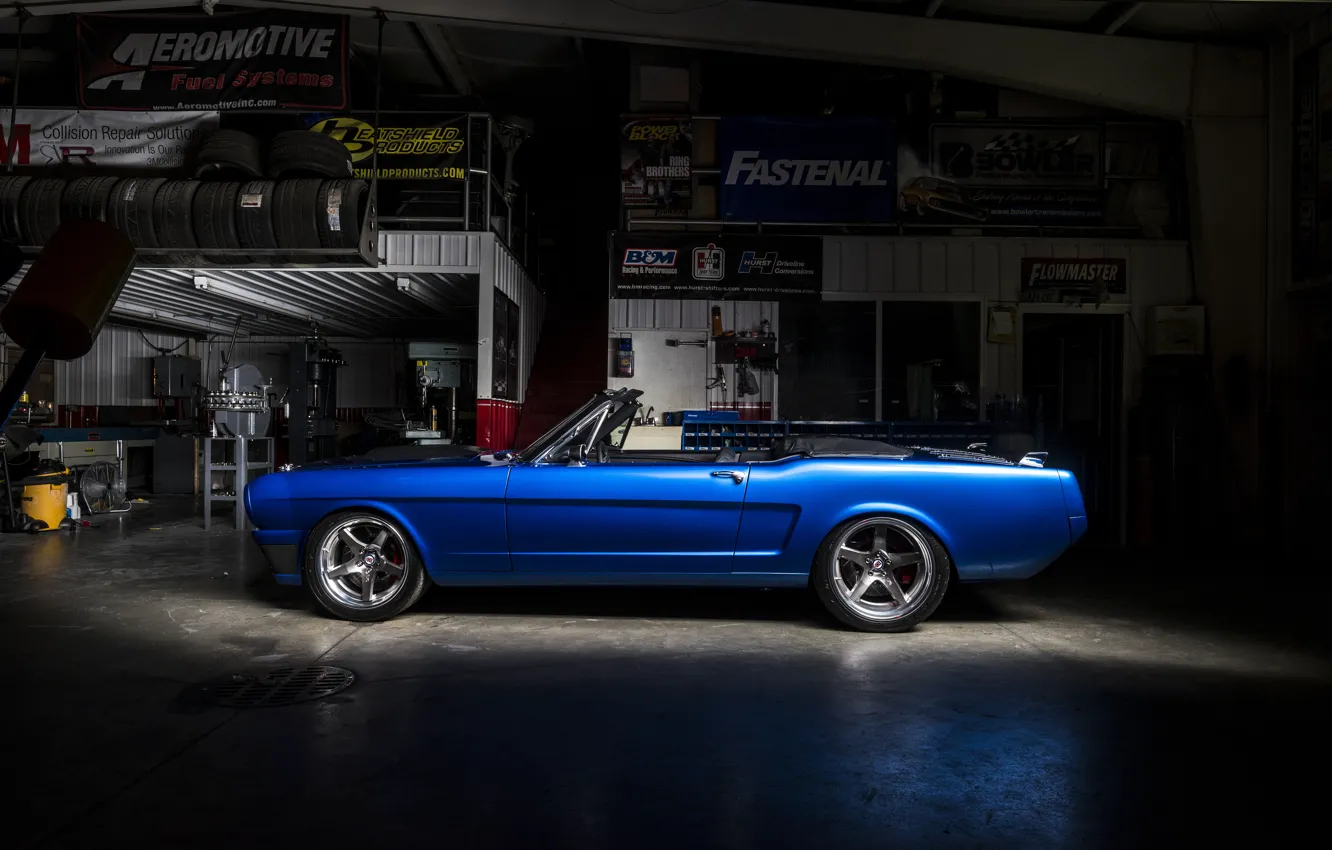 Photo wallpaper Mustang, Ford, Ford Mustang, Blue, 1965, Side, Convertible, Garage