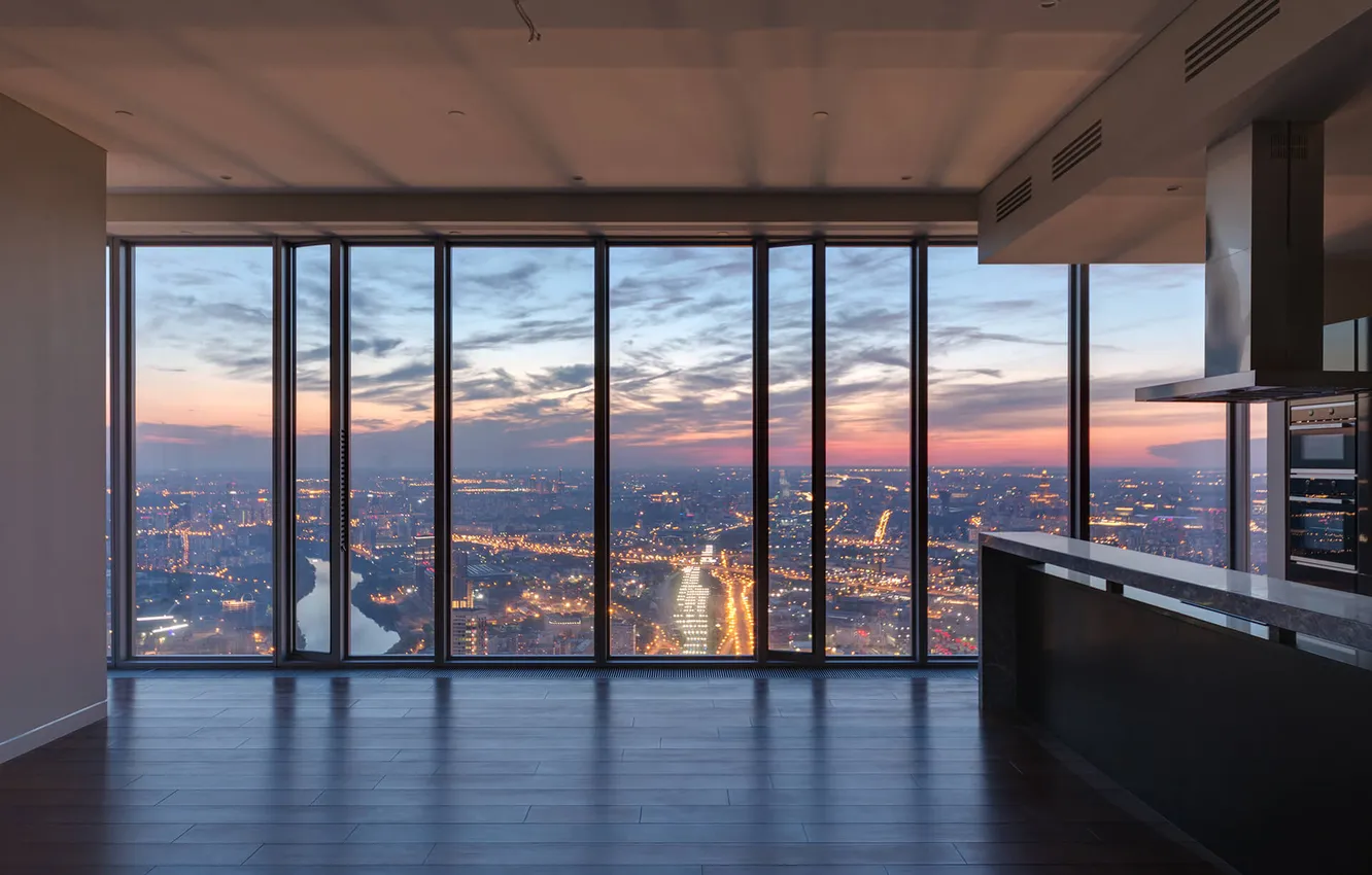 Photo wallpaper the sky, clouds, sunset, the city, river, interior, horizon, glow