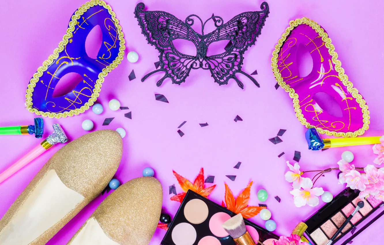 Photo wallpaper leaves, flowers, style, shoes, shadow, makeup, mask, carnival