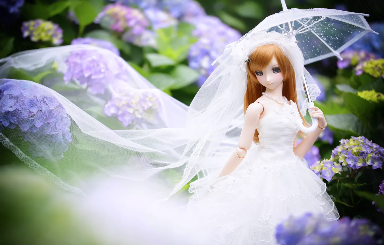 Photo wallpaper umbrella, doll, the bride, hydrangea
